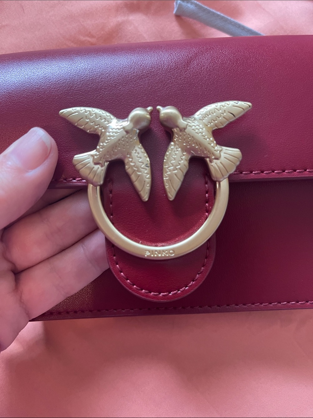 Pinko Red Leather Crossbody with Gold Bird Ring - Picture 4 of 7